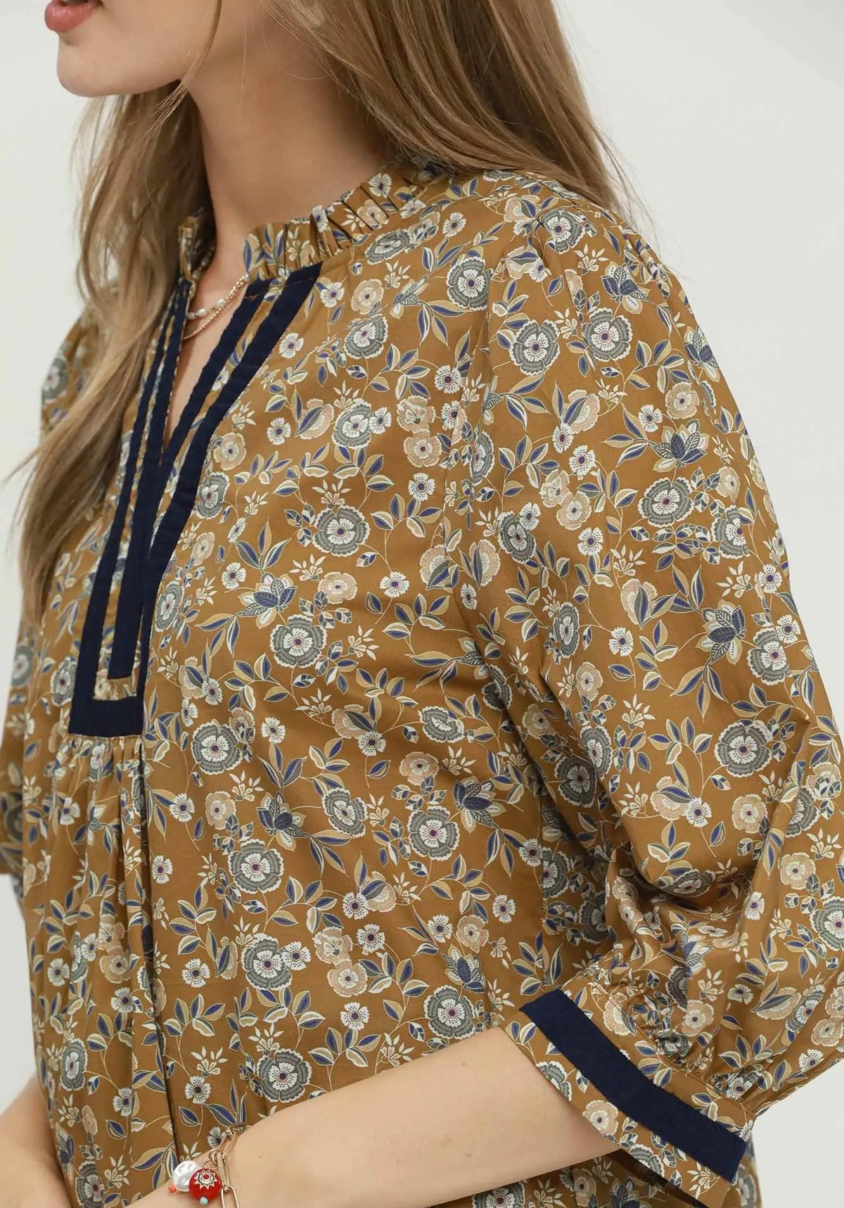 Umgee Navy Trim Floral Top