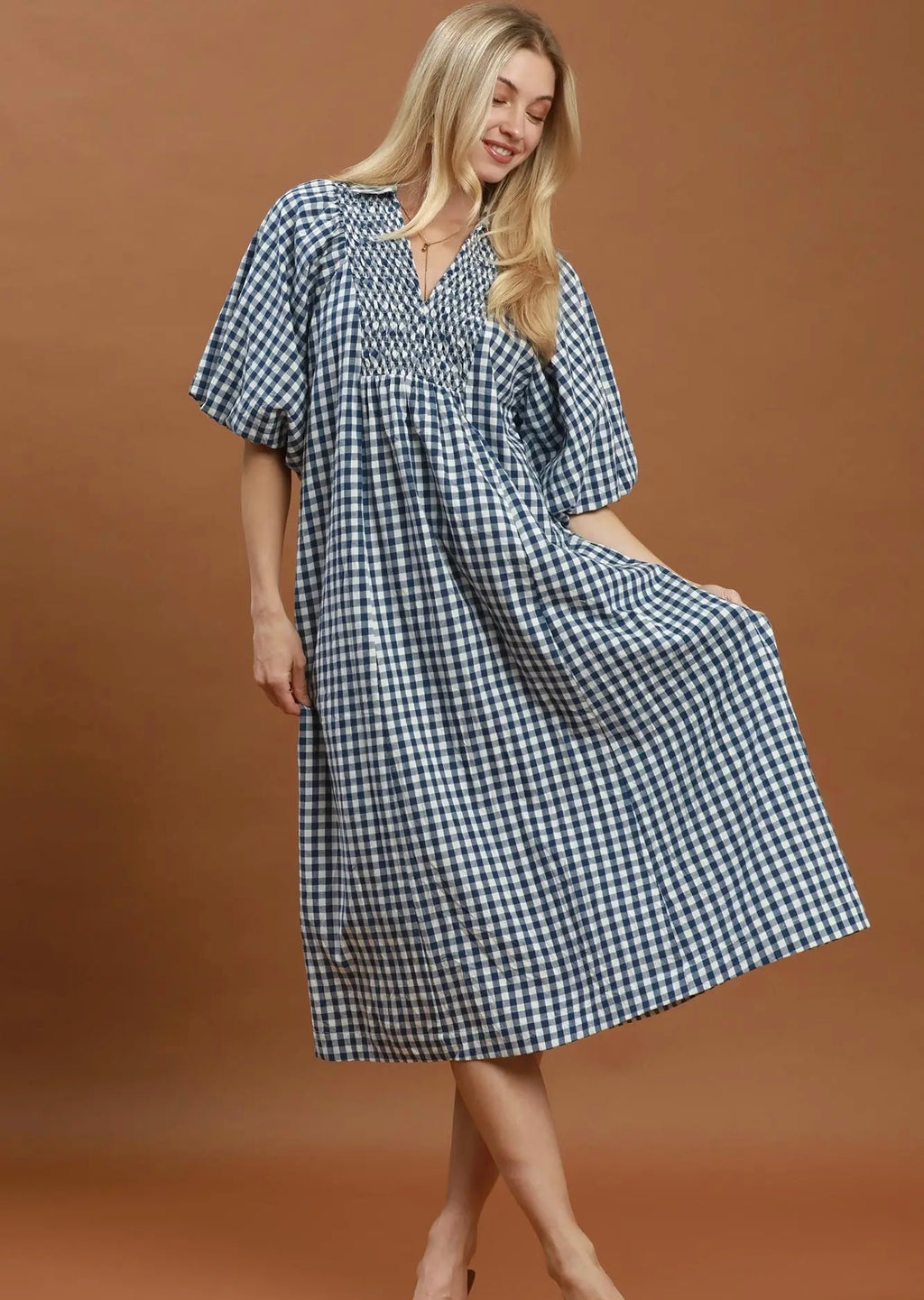 Gingham Smocked Dress in Blue