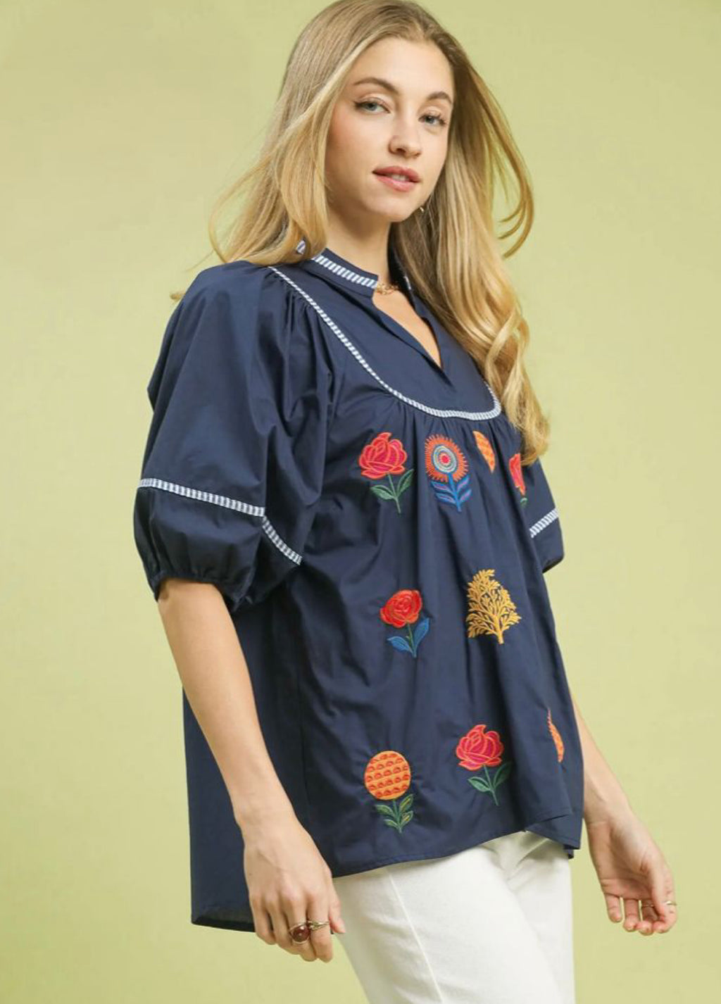 Navy Blouse with Embroidered Flowers
