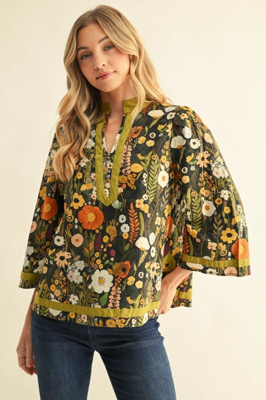 Fall Floral Notch Neck Top
