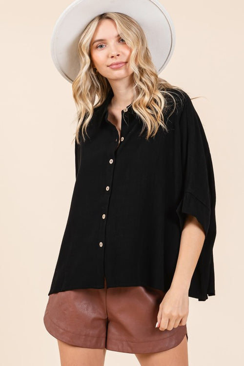 Button Front Elbow Sleeve Top in Black