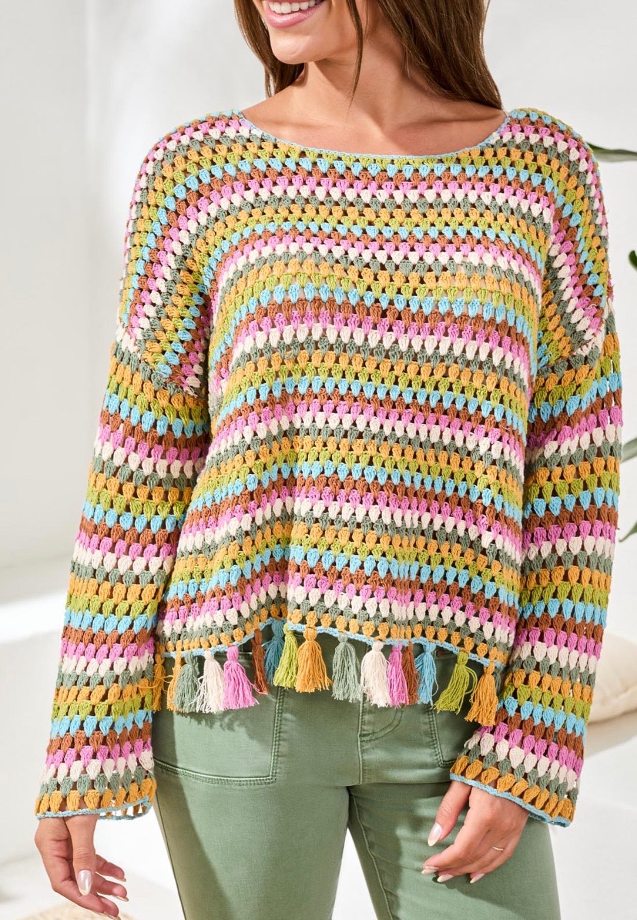 Tribal Long Bell Sleeve Sweater with Tassels Trim