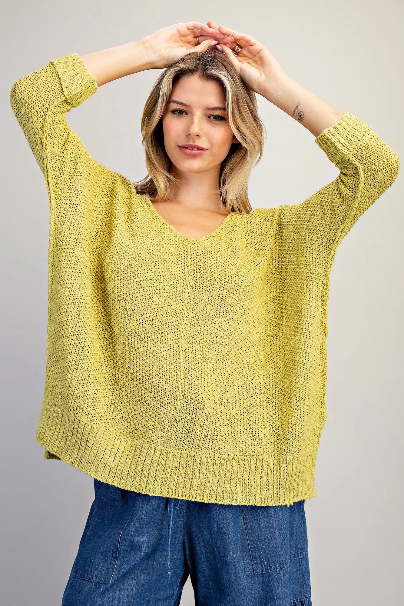 Avocado V-Neck Loose Weave Pullover Sweater