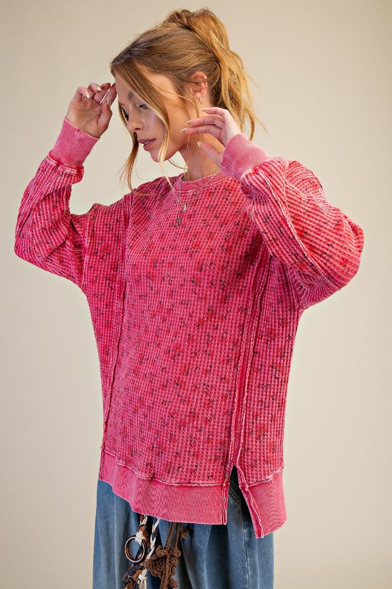 Pink Thermal Relaxed Fit Pullover Top with flowers