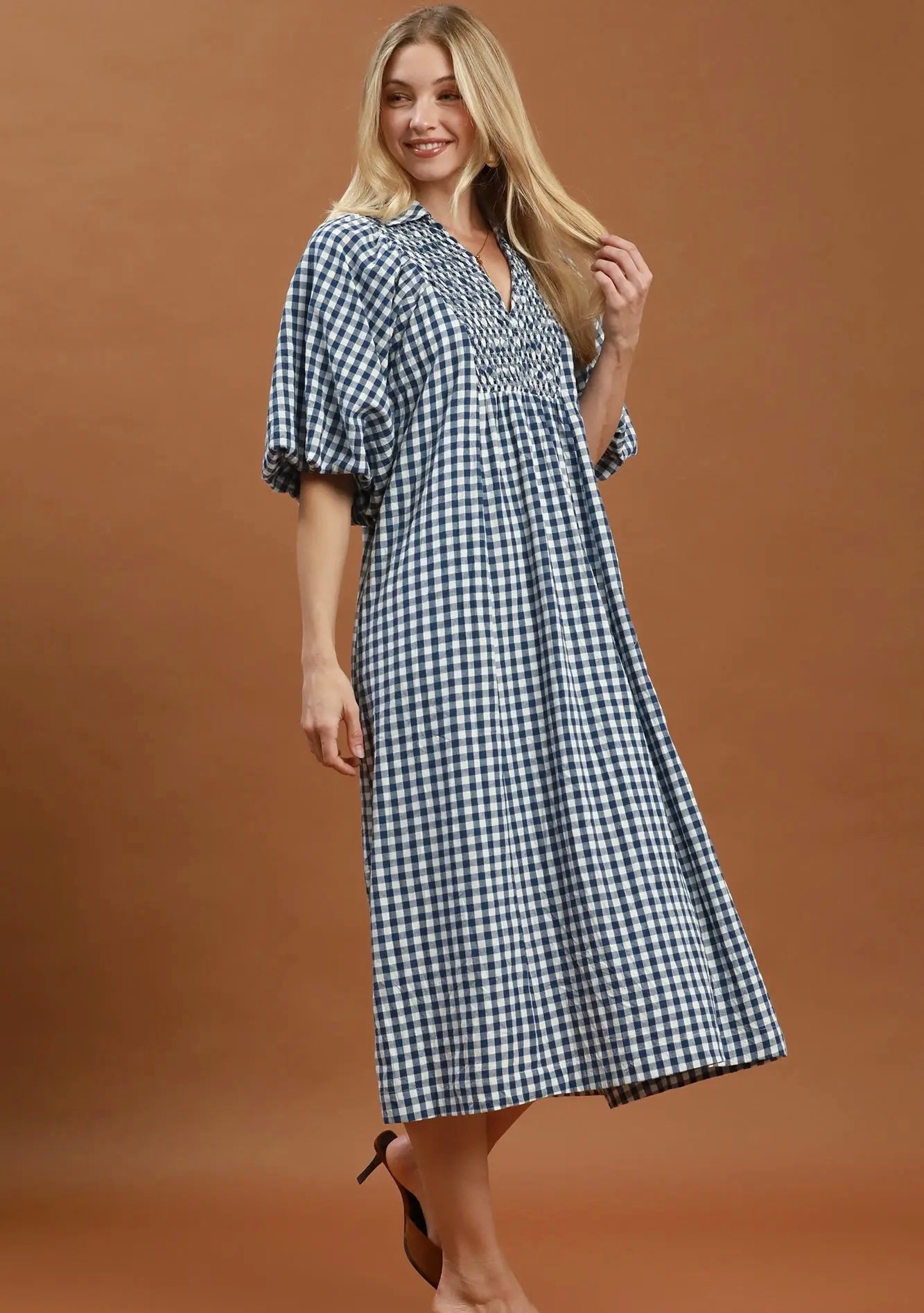 Gingham Smocked Dress in Blue