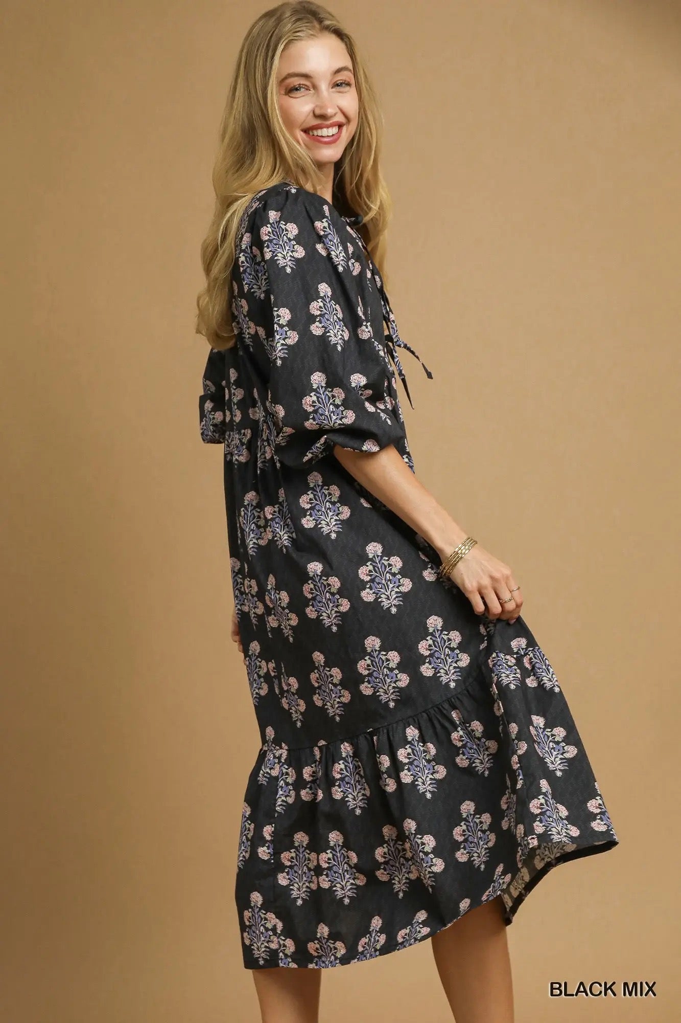 Floral Print Tiered Midi Dress in Navy with Soft Pink Flowers