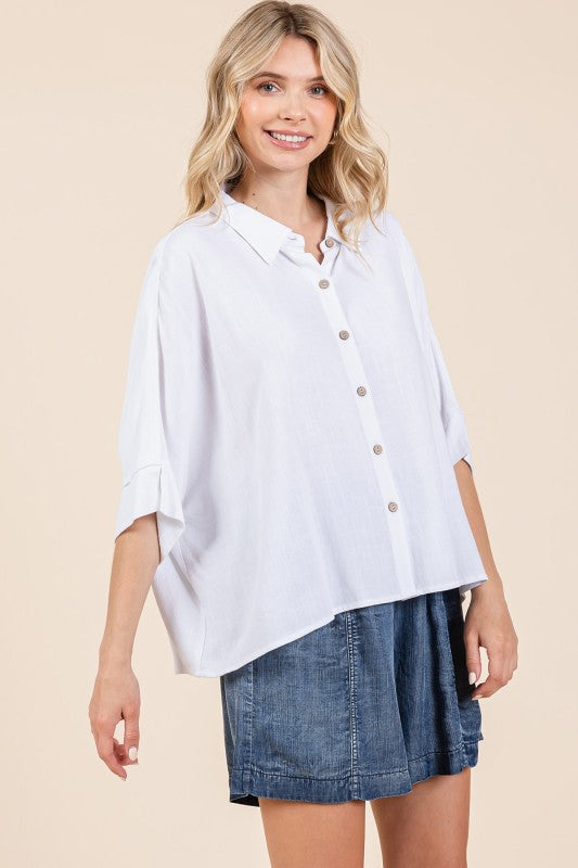 Button Front Elbow Sleeve Top in White