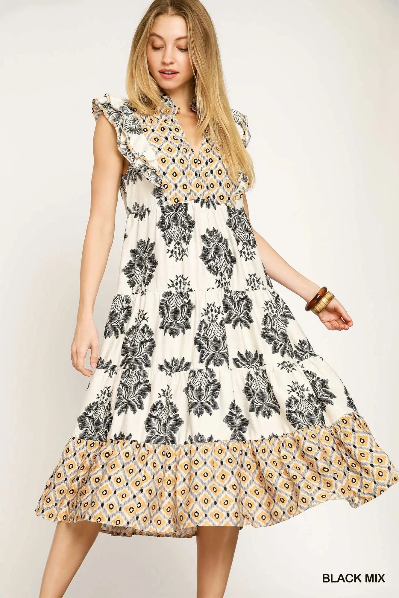 Mixed Print Ruffle Sleeve Midi Dress