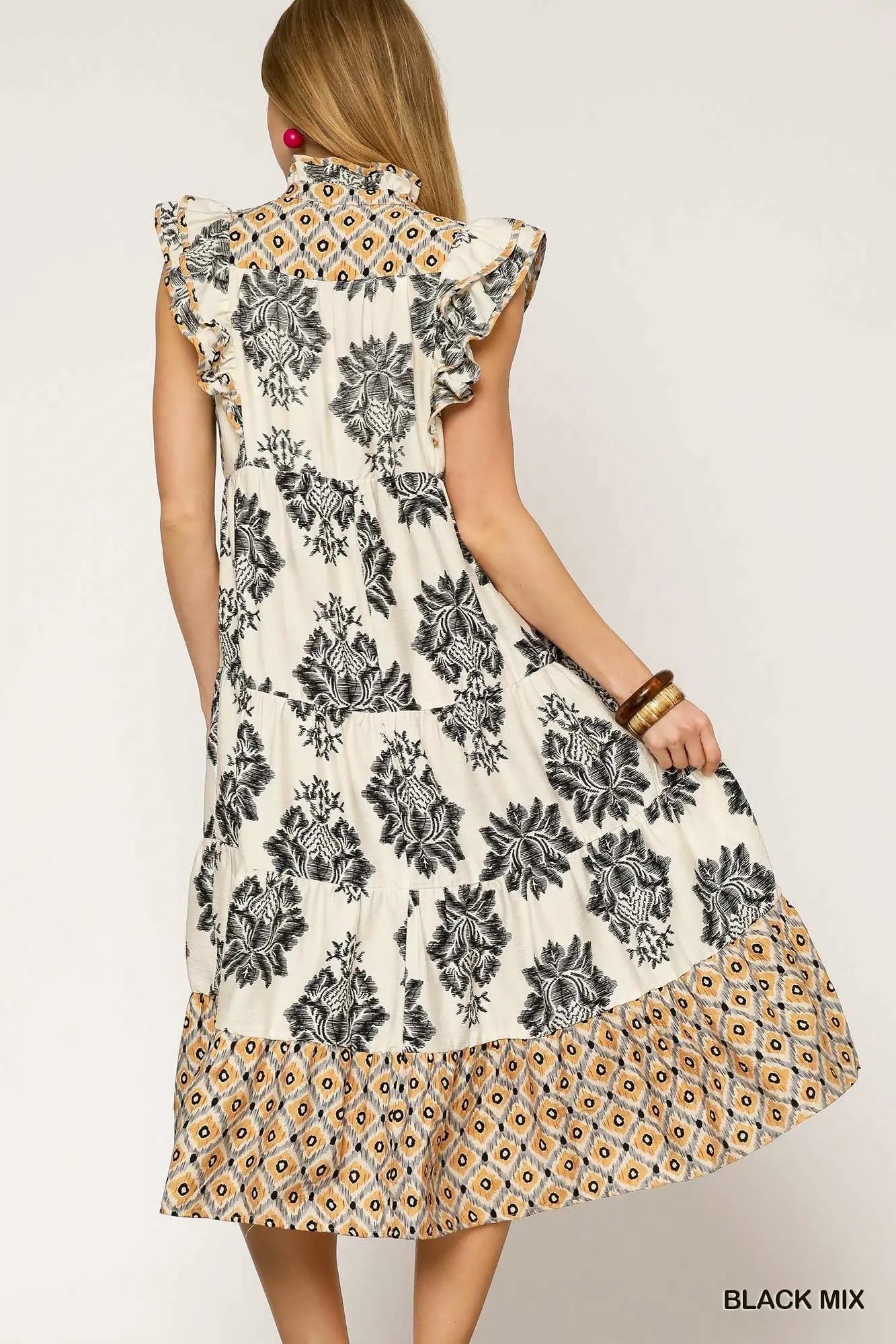 Mixed Print Ruffle Sleeve Midi Dress