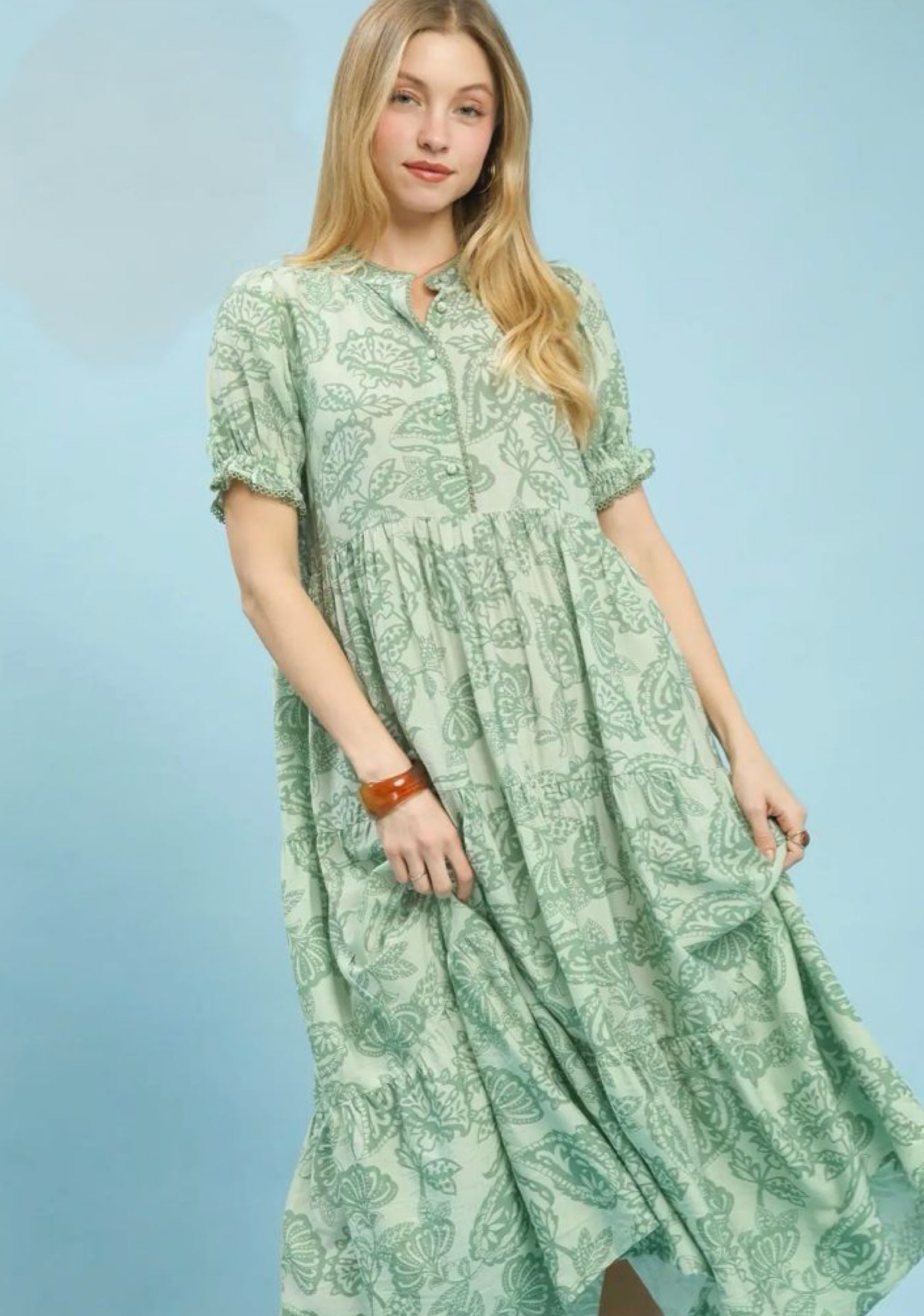 Two Tone Paisley Tiered MiDi Dress With Lace Trim Details