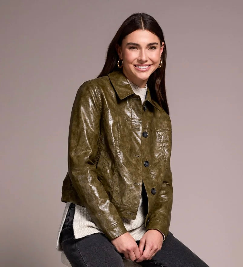 Tribal Faux Leather Jacket in Oliveleaf