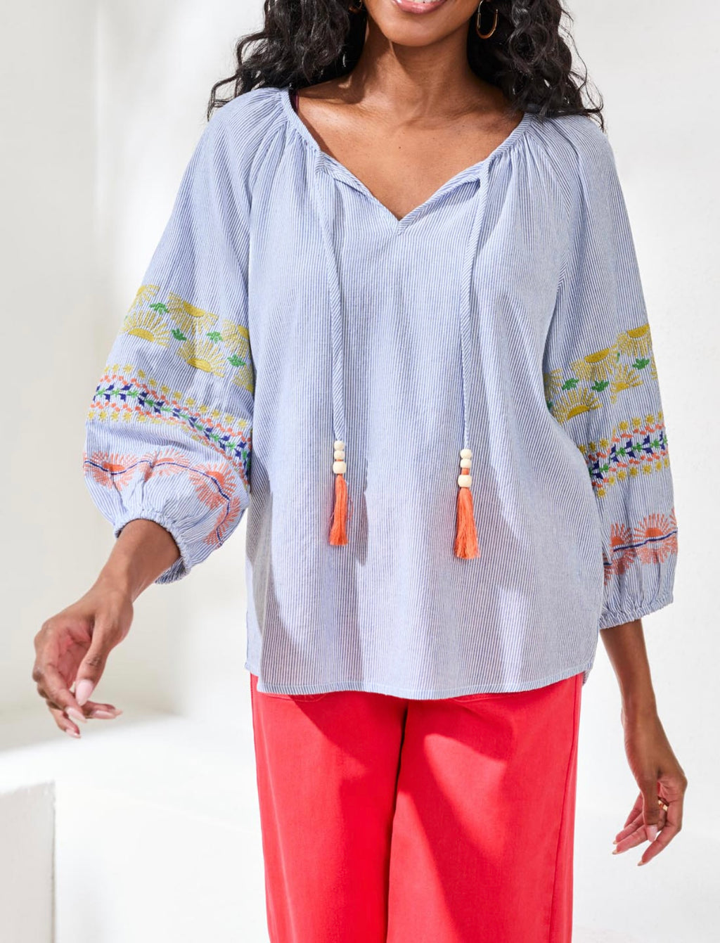 Tribal Striped Embroidered Sleeve Top