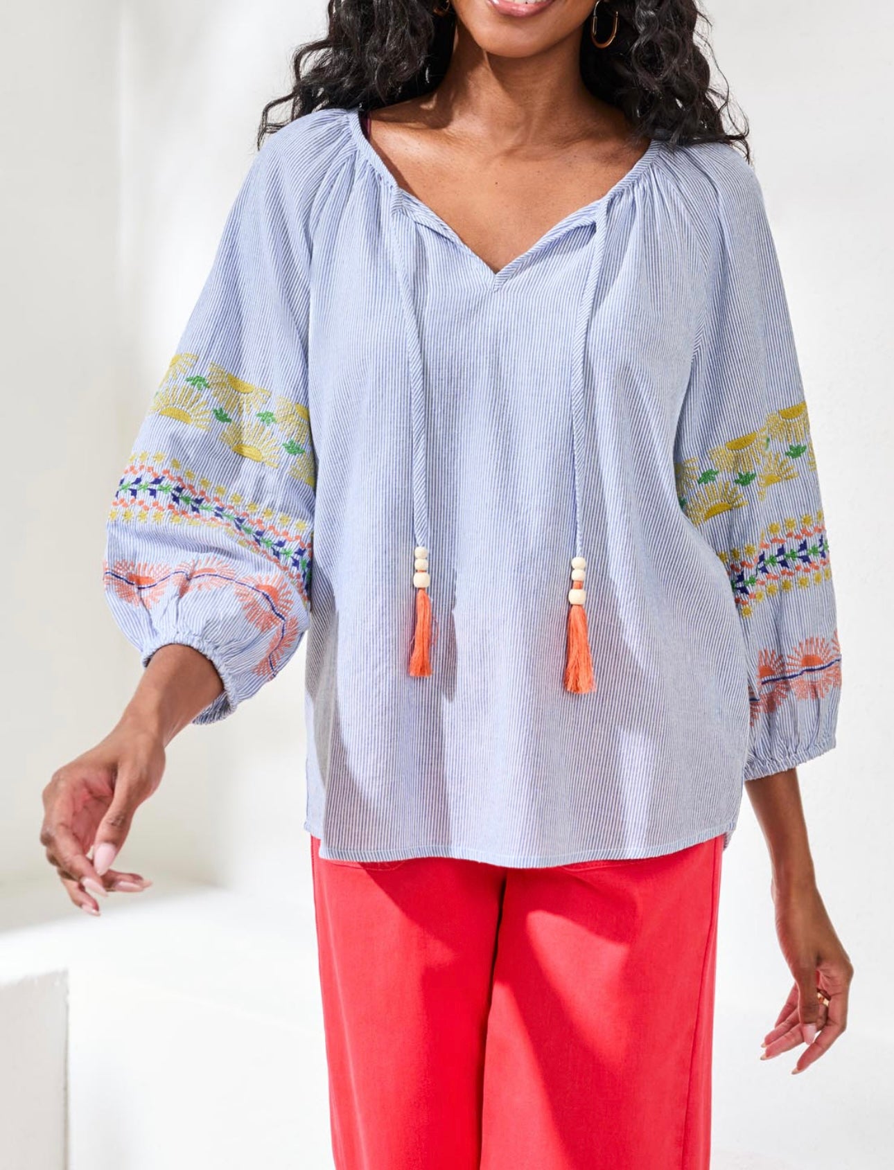 Tribal Striped Embroidered Sleeve Top