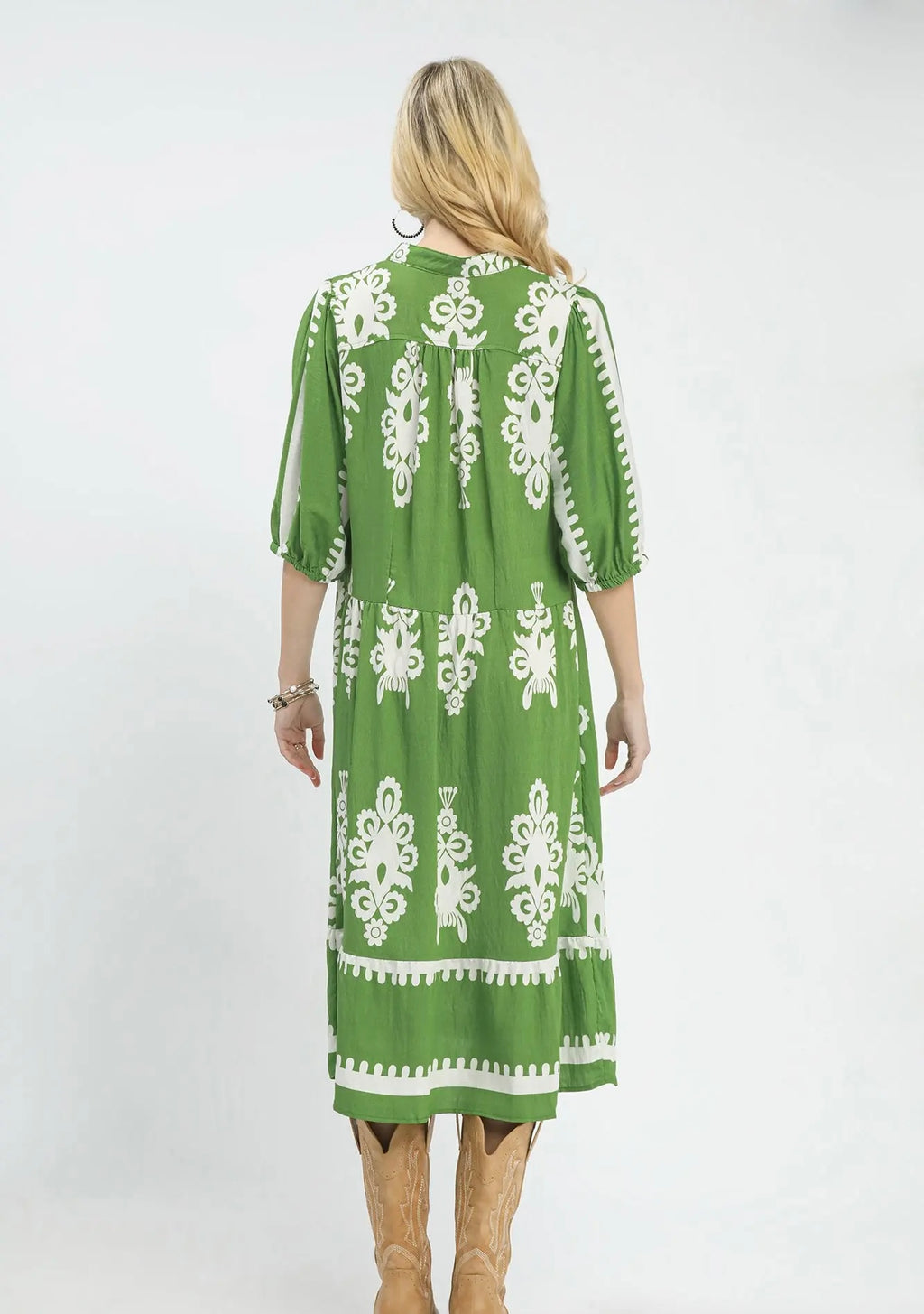 Green print tiered dress