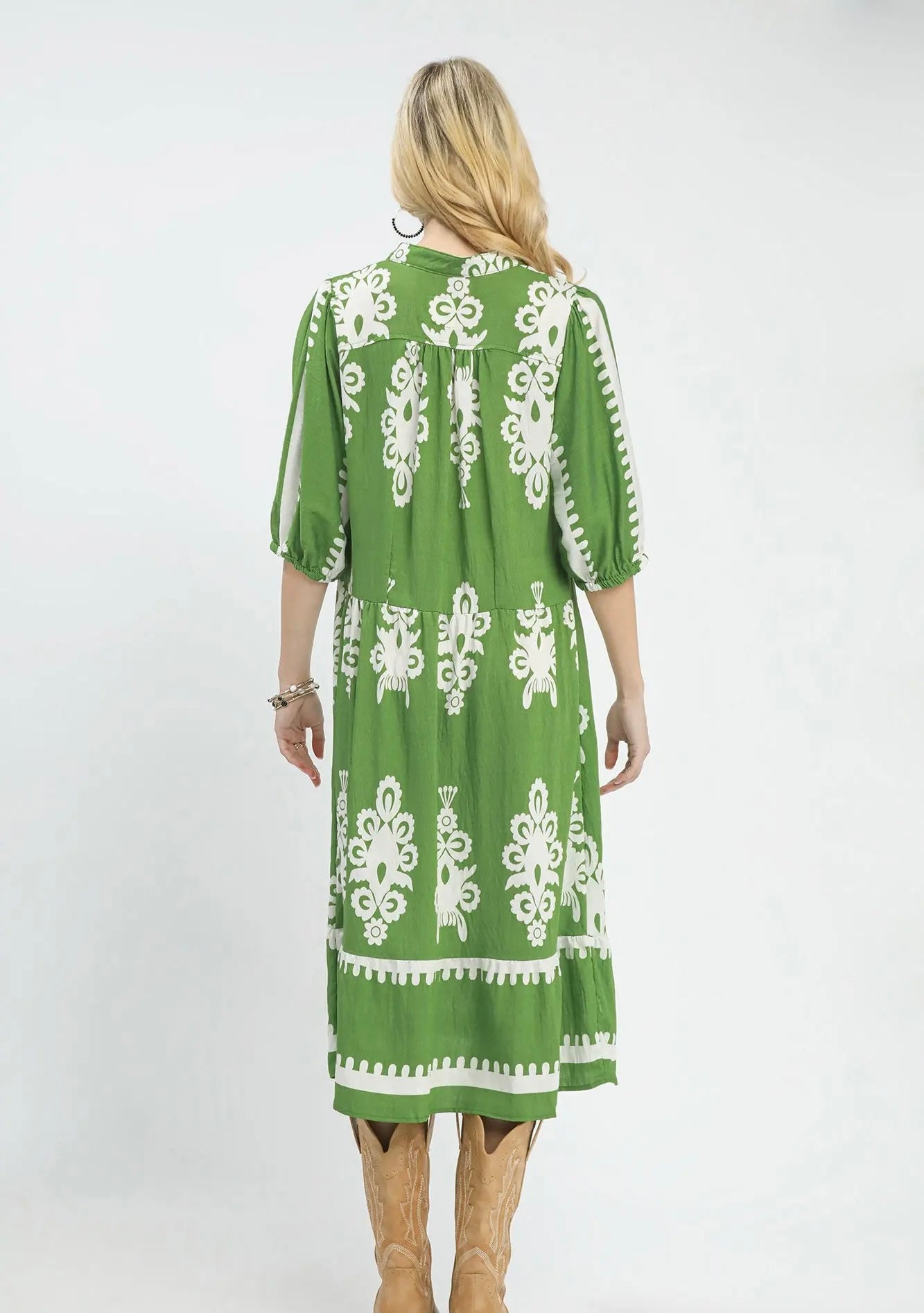 Green print tiered dress