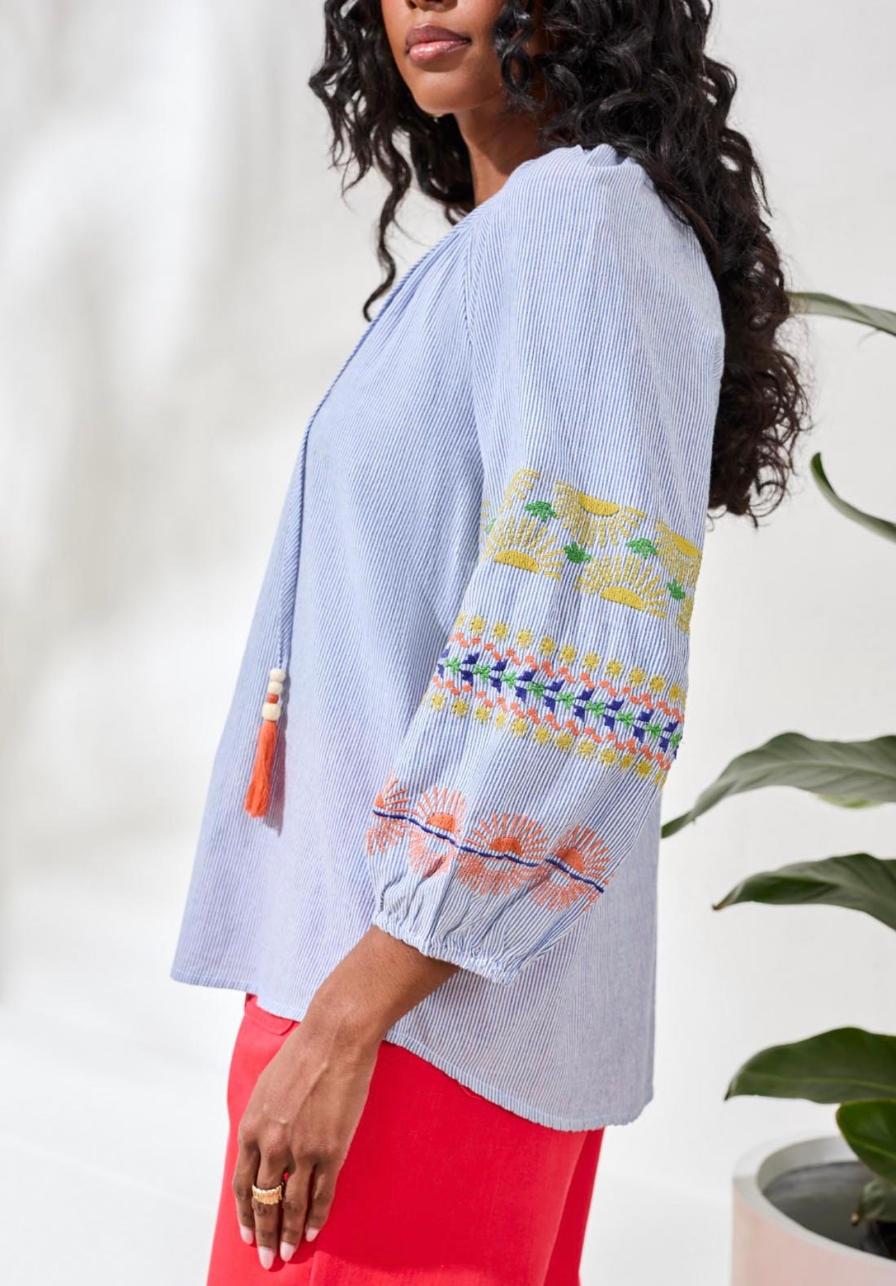 Tribal Striped Embroidered Sleeve Top