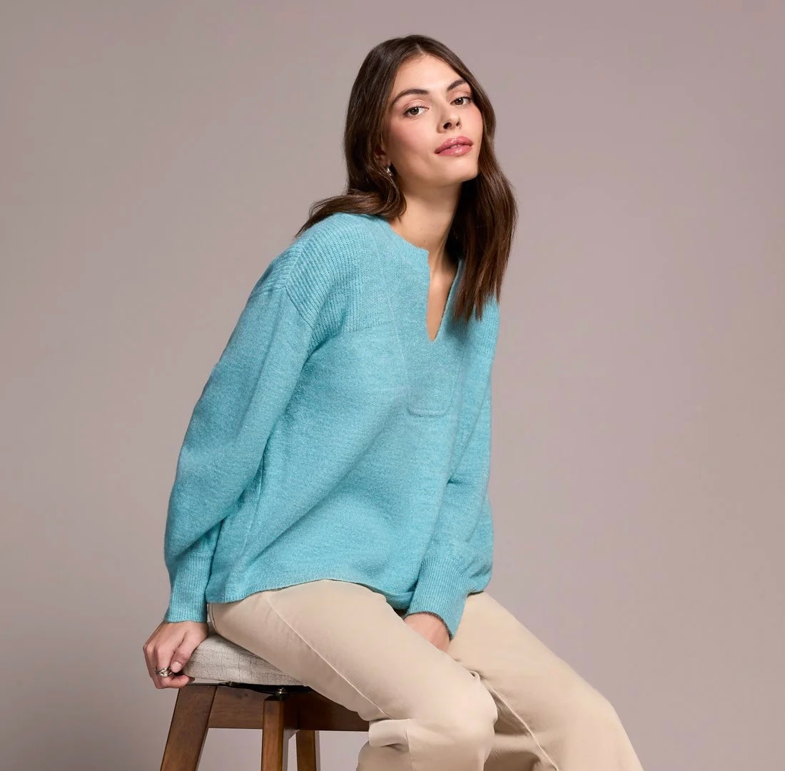 Tribal Notch Neck Sweater in Mist Blue