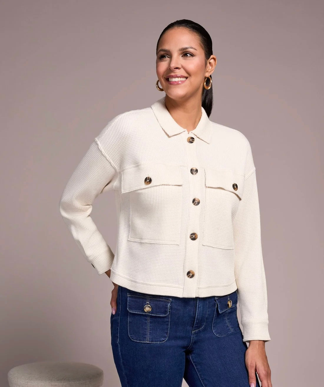 Tribal Brushed Waffle Shacket in Cream