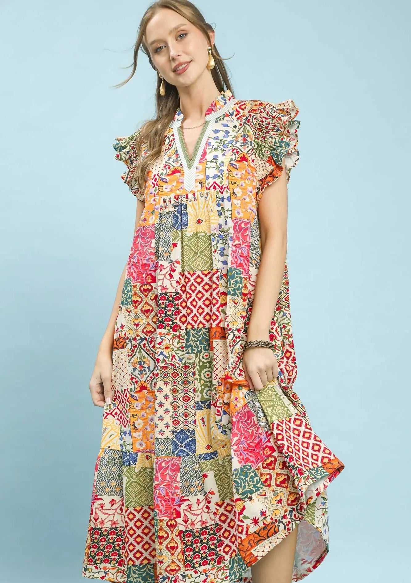 Patchwork Flutter sleeve dress