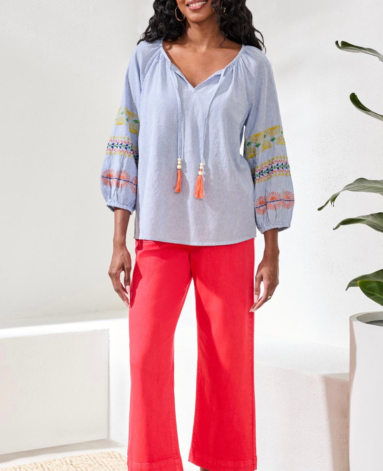 Tribal Striped Embroidered Sleeve Top