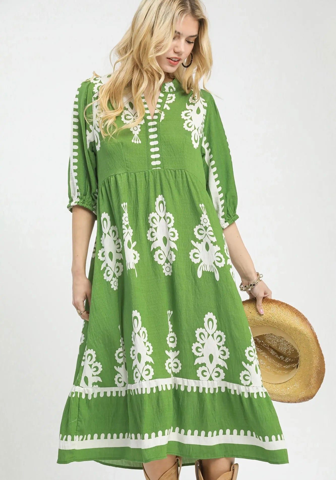 Green print tiered dress