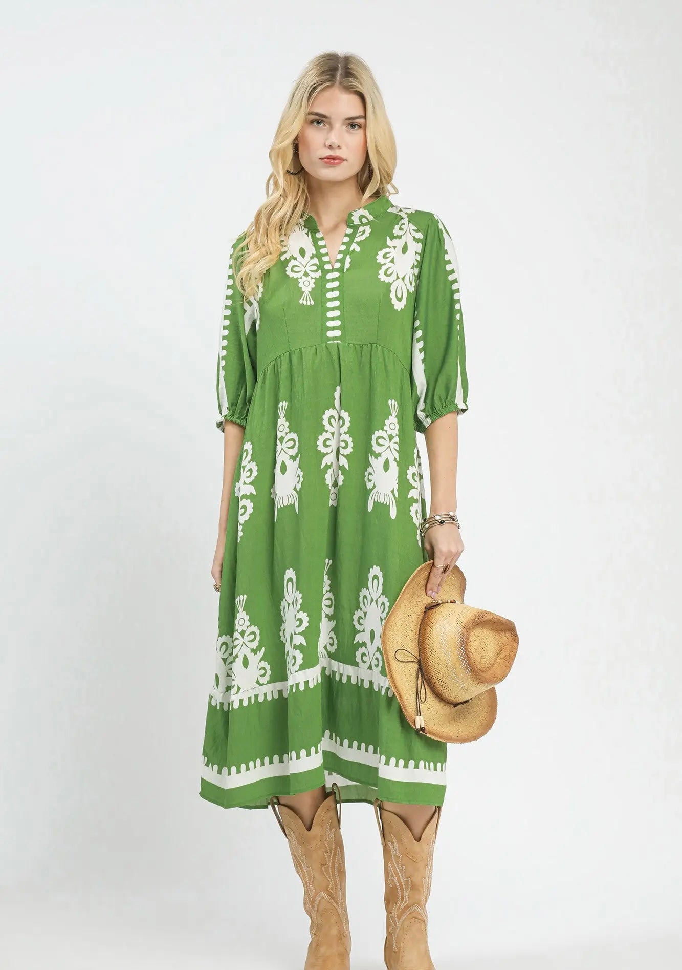 Green print tiered dress