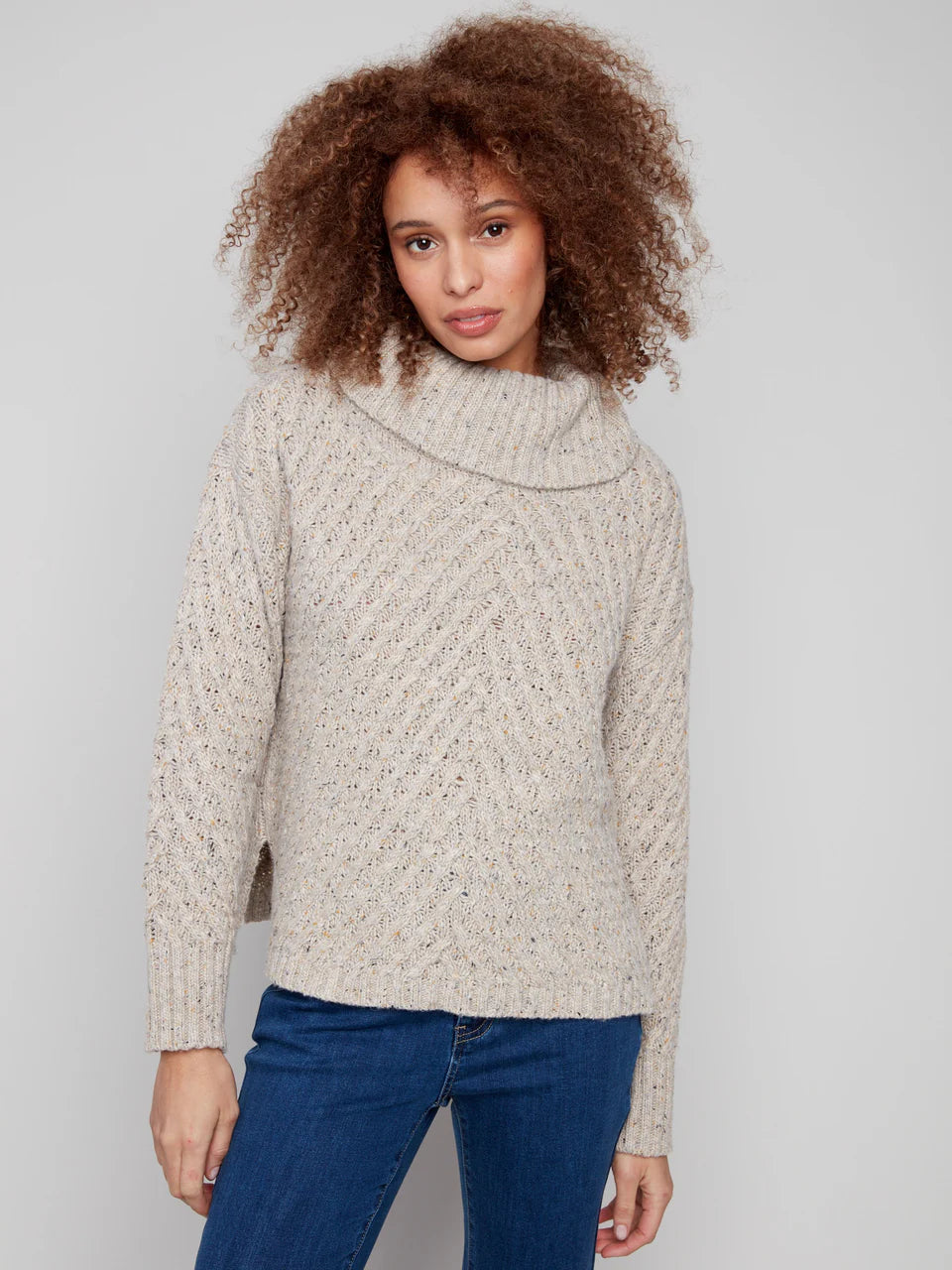 Charlie B Oatmeal Cable Cowl Neck Sweater