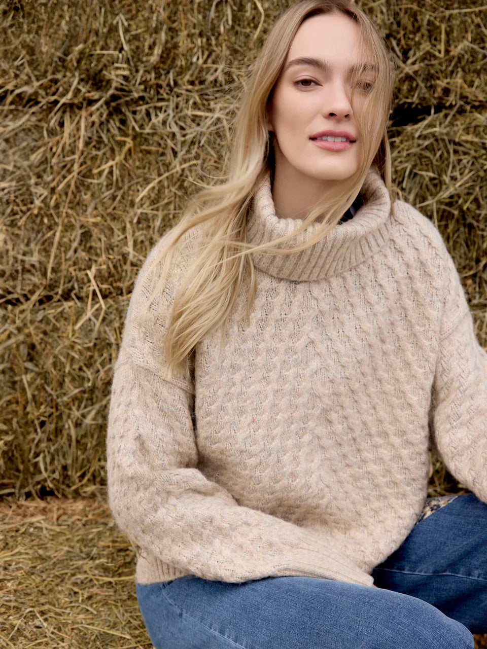Charlie B Oatmeal Cable Cowl Neck Sweater