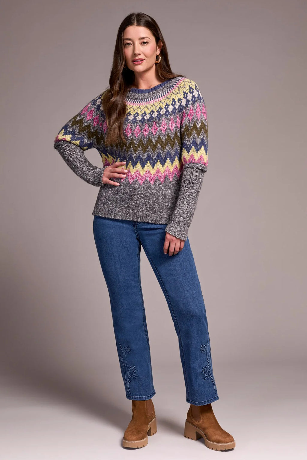 Tribal INTARSIA RIBBED LONG SLEEVE SWEATER