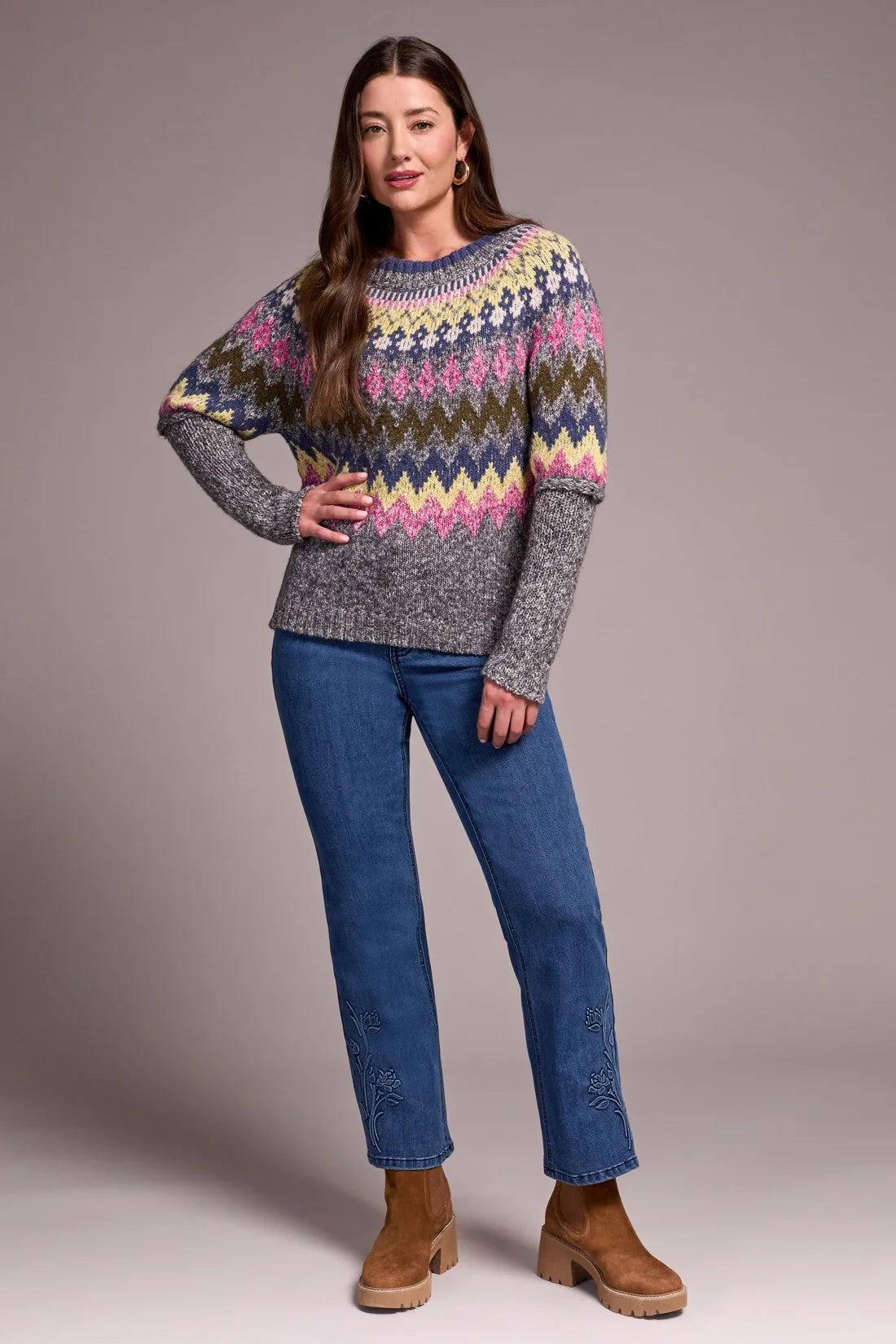 Tribal INTARSIA RIBBED LONG SLEEVE SWEATER