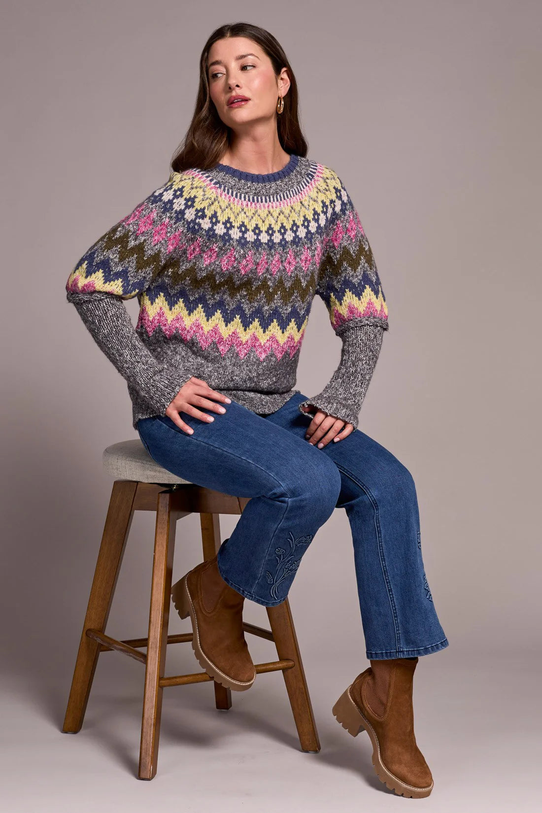 Tribal INTARSIA RIBBED LONG SLEEVE SWEATER