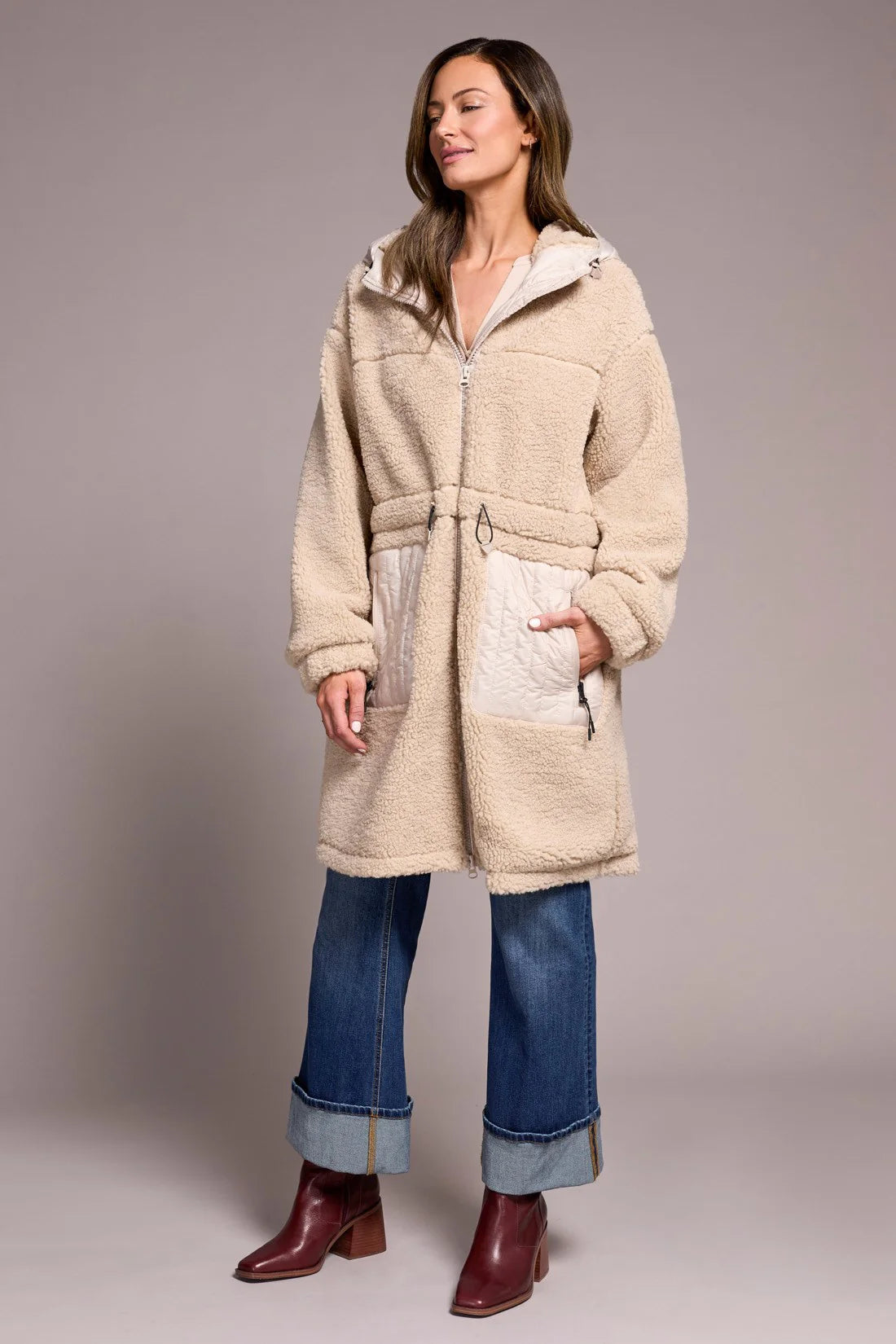 Tribal FAUX SHERPA ZIP-FRONT HOODED COAT WITH DRAWCORD