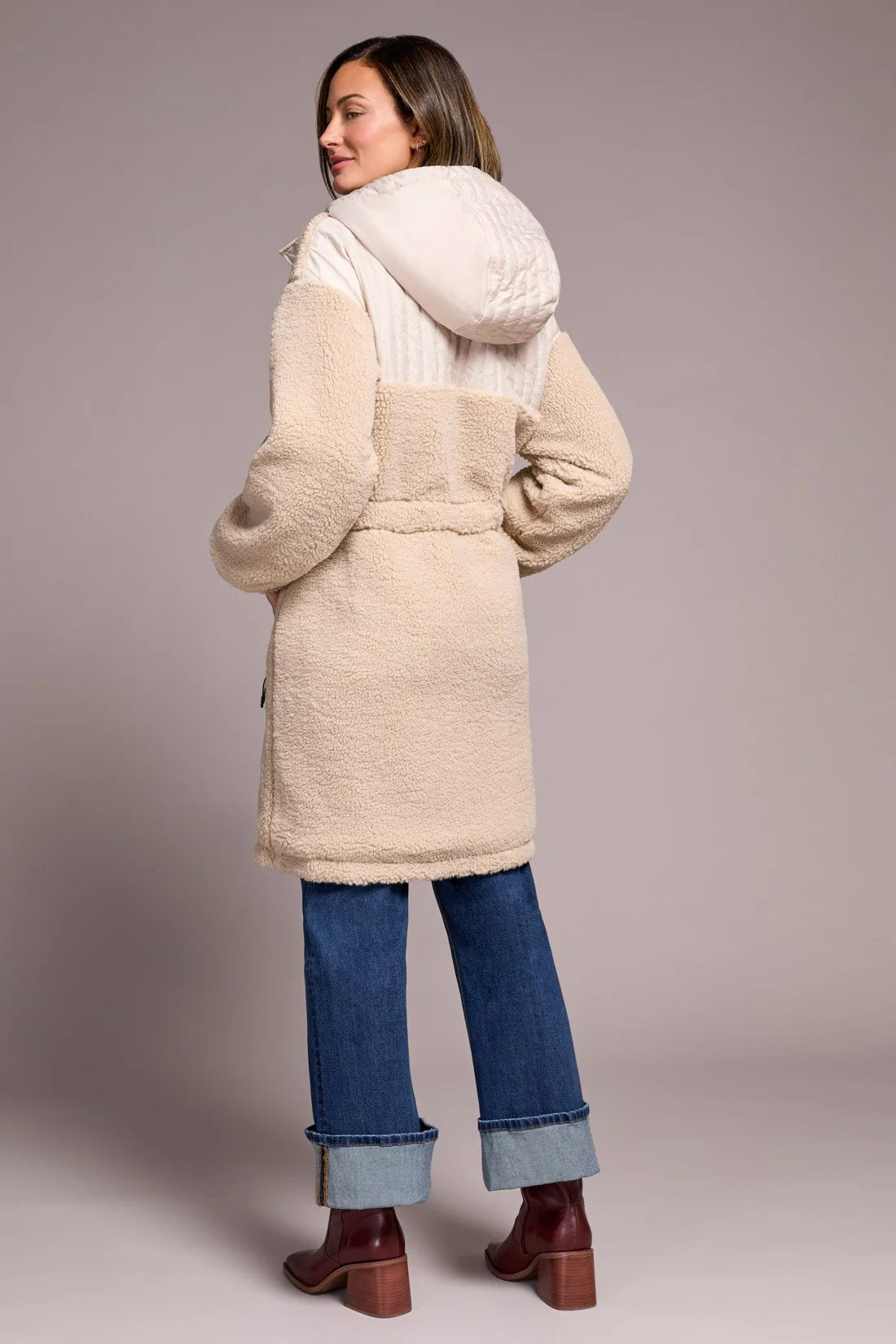 Tribal FAUX SHERPA ZIP-FRONT HOODED COAT WITH DRAWCORD