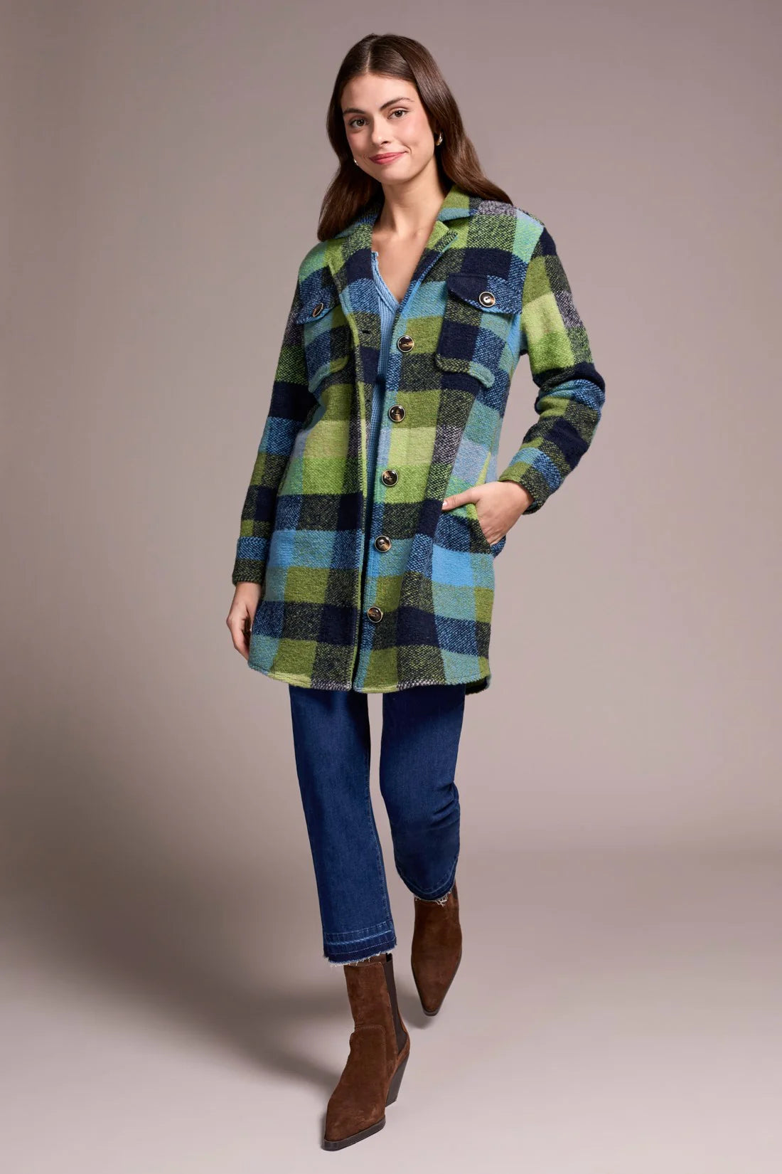 Tribal KNIT PLAID NOTCH COLLAR SHACKET