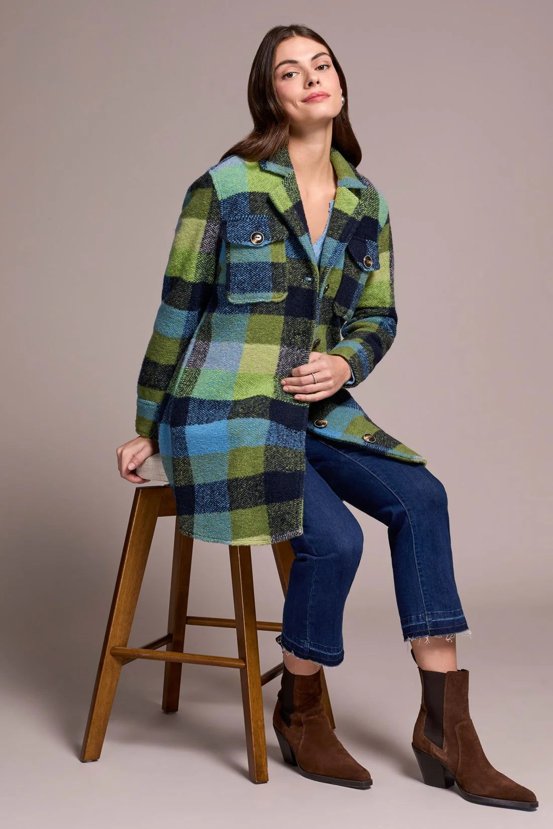 Tribal KNIT PLAID NOTCH COLLAR SHACKET