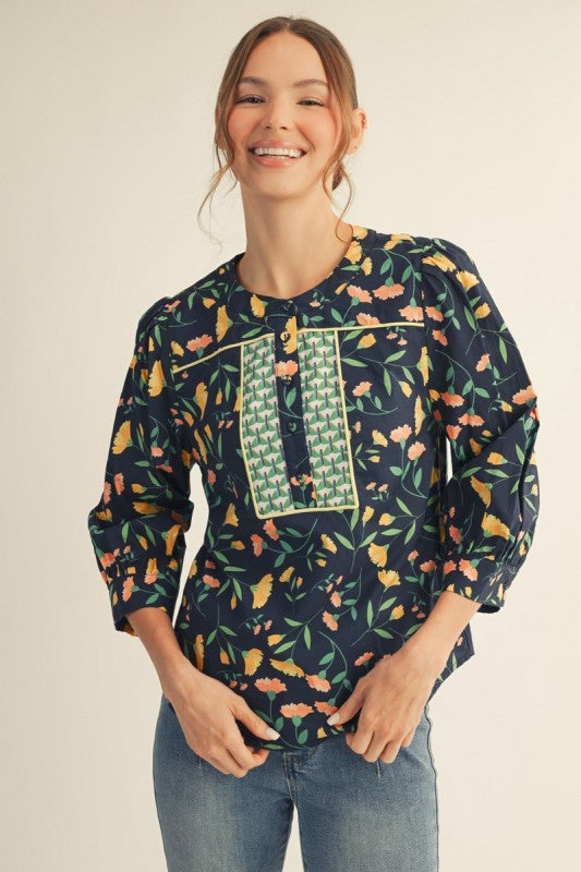 Navy Floral Print Blouse