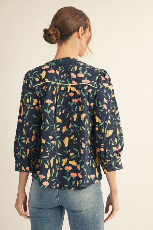 Navy Floral Print Blouse
