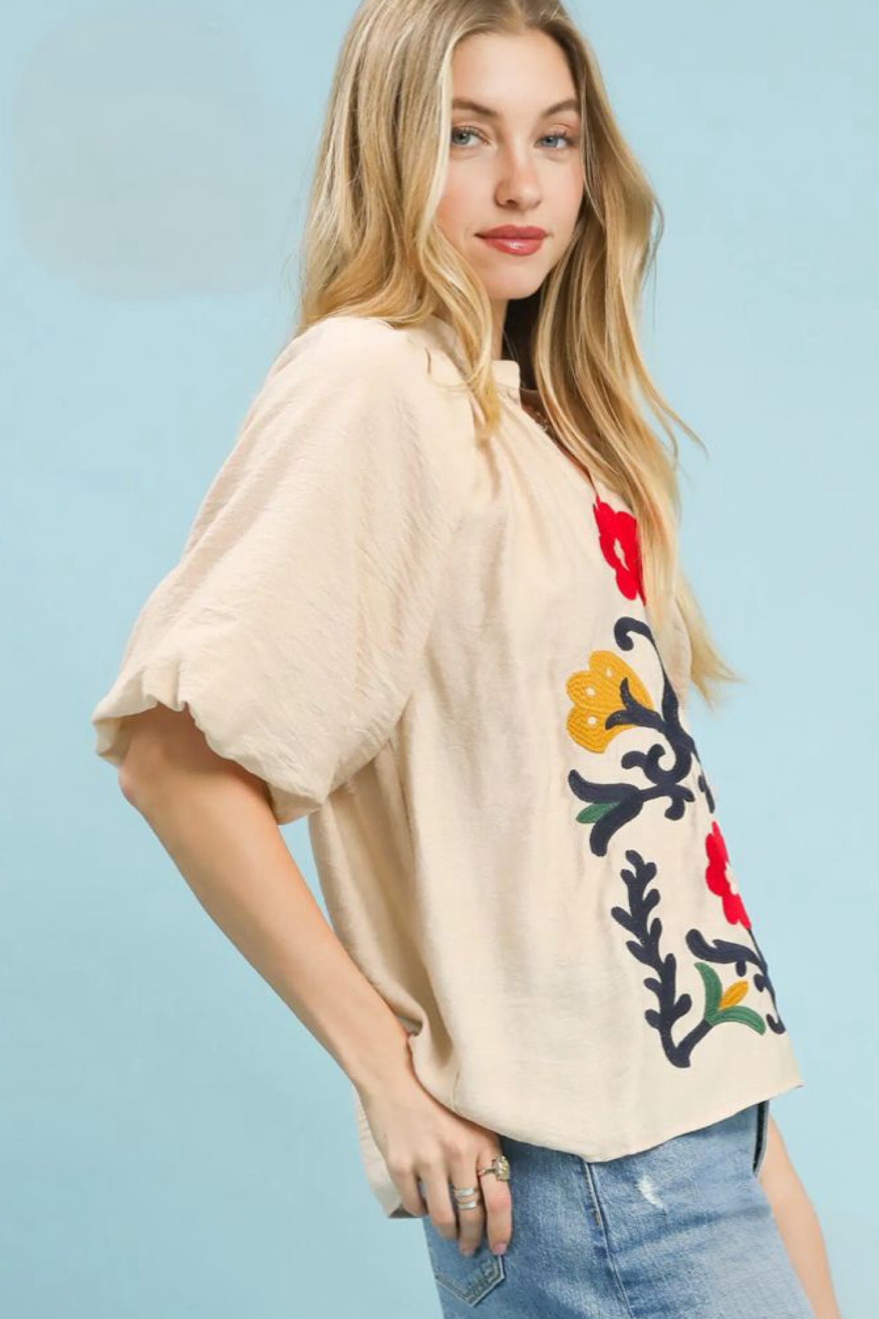 Cream Embroidered Balloon Sleeve Top