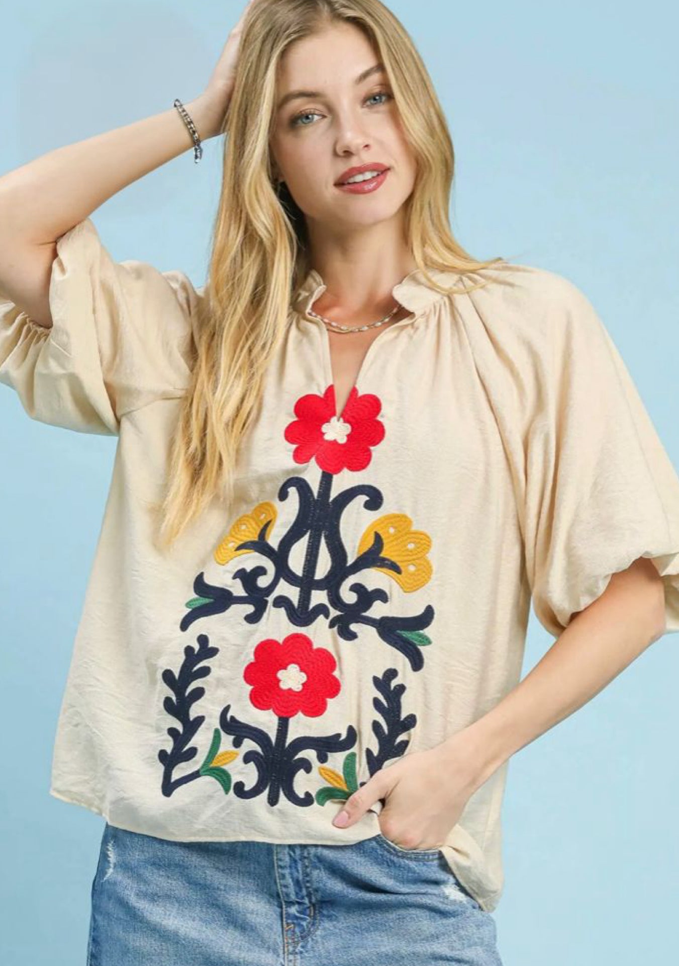 Cream Embroidered Balloon Sleeve Top