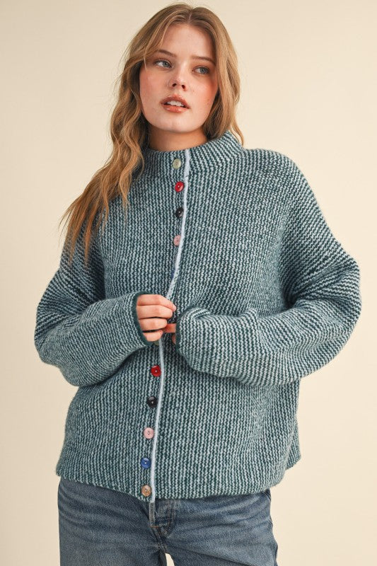 Multi Button cardigan sweater in green blue