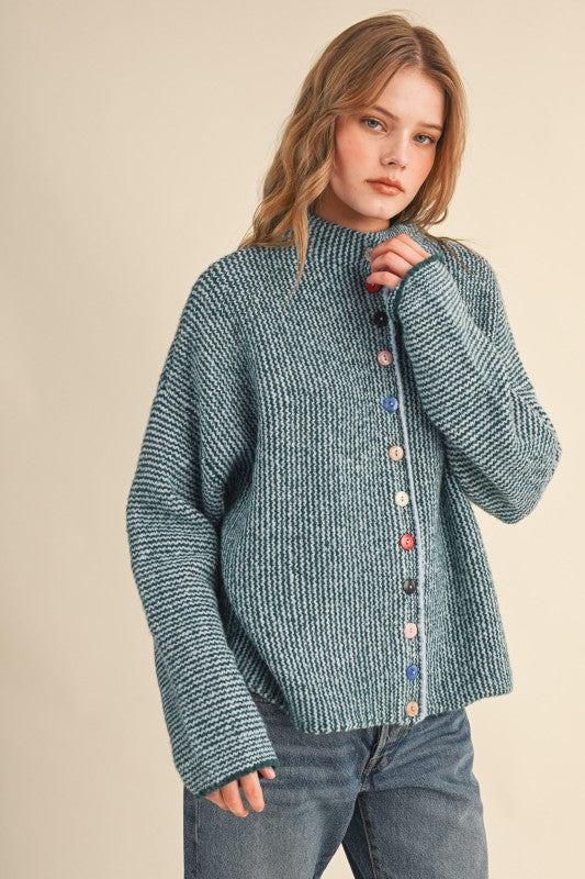 Multi Button cardigan sweater in green blue