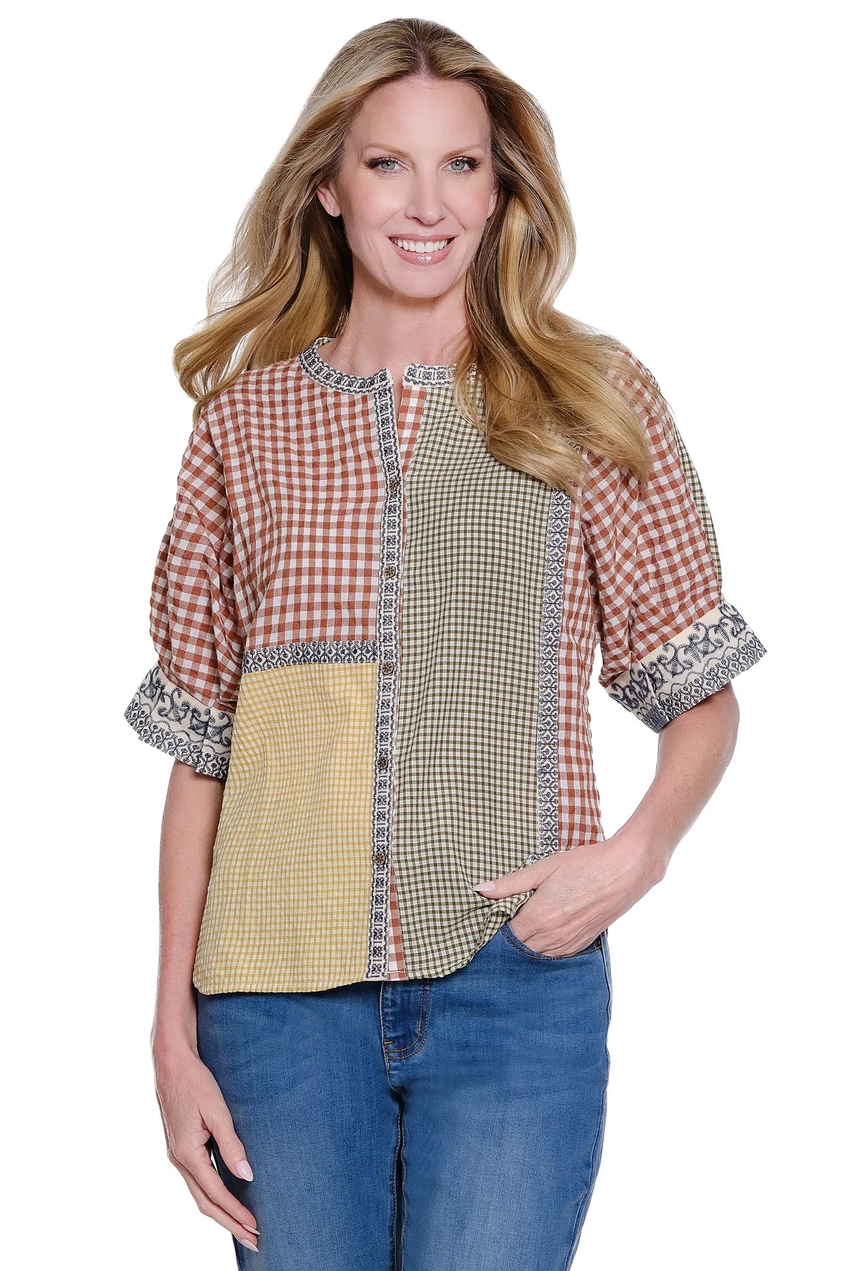 John Mark Gingham Color Block Top