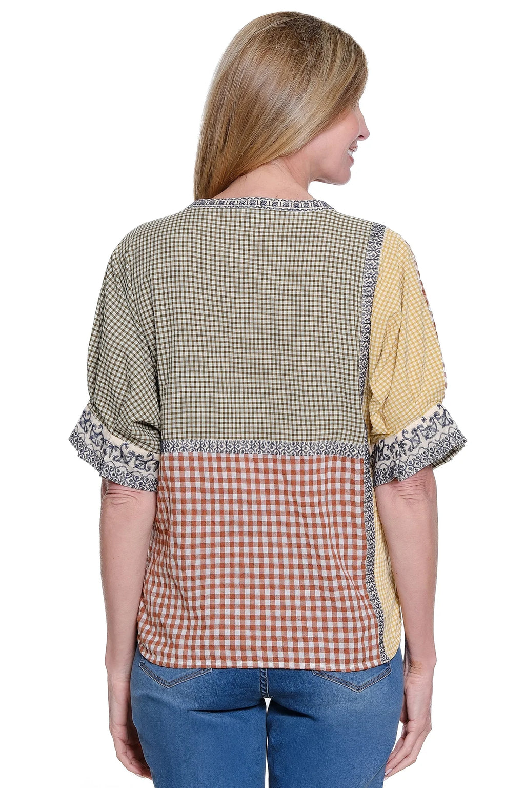 John Mark Gingham Color Block Top