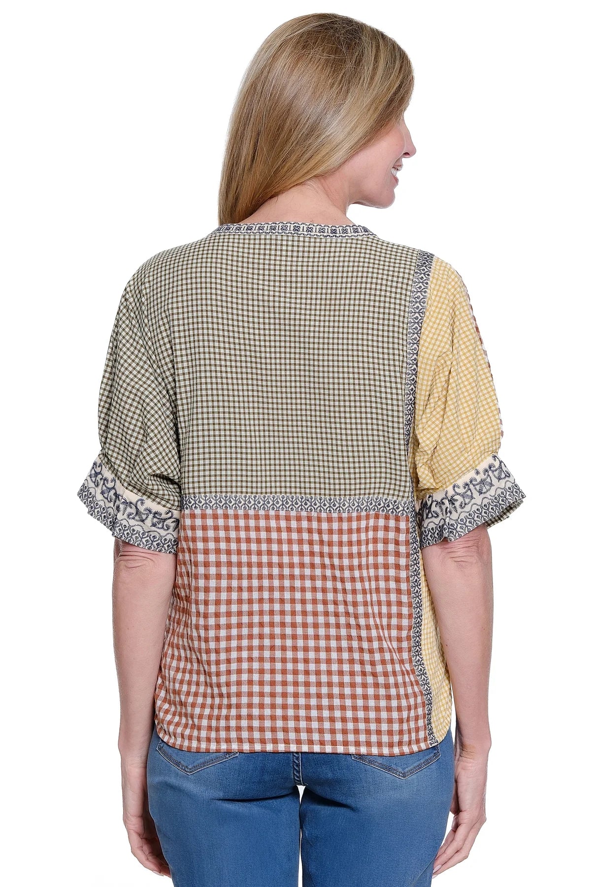 John Mark Gingham Color Block Top