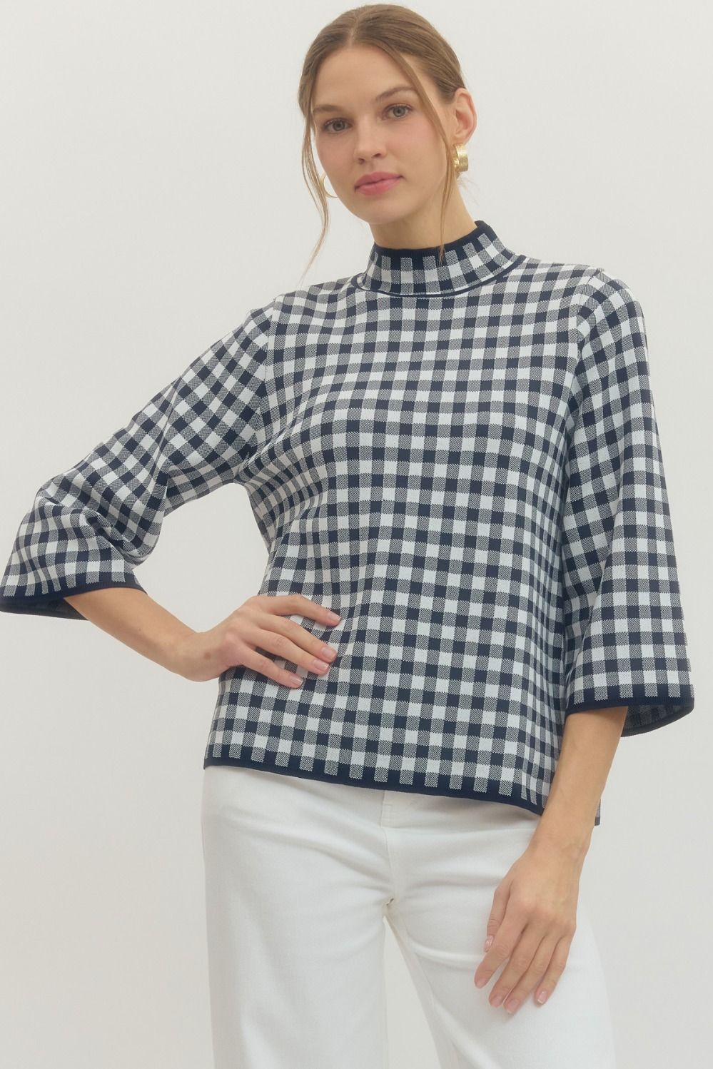 Navy Gingham Mock Neck Sweater
