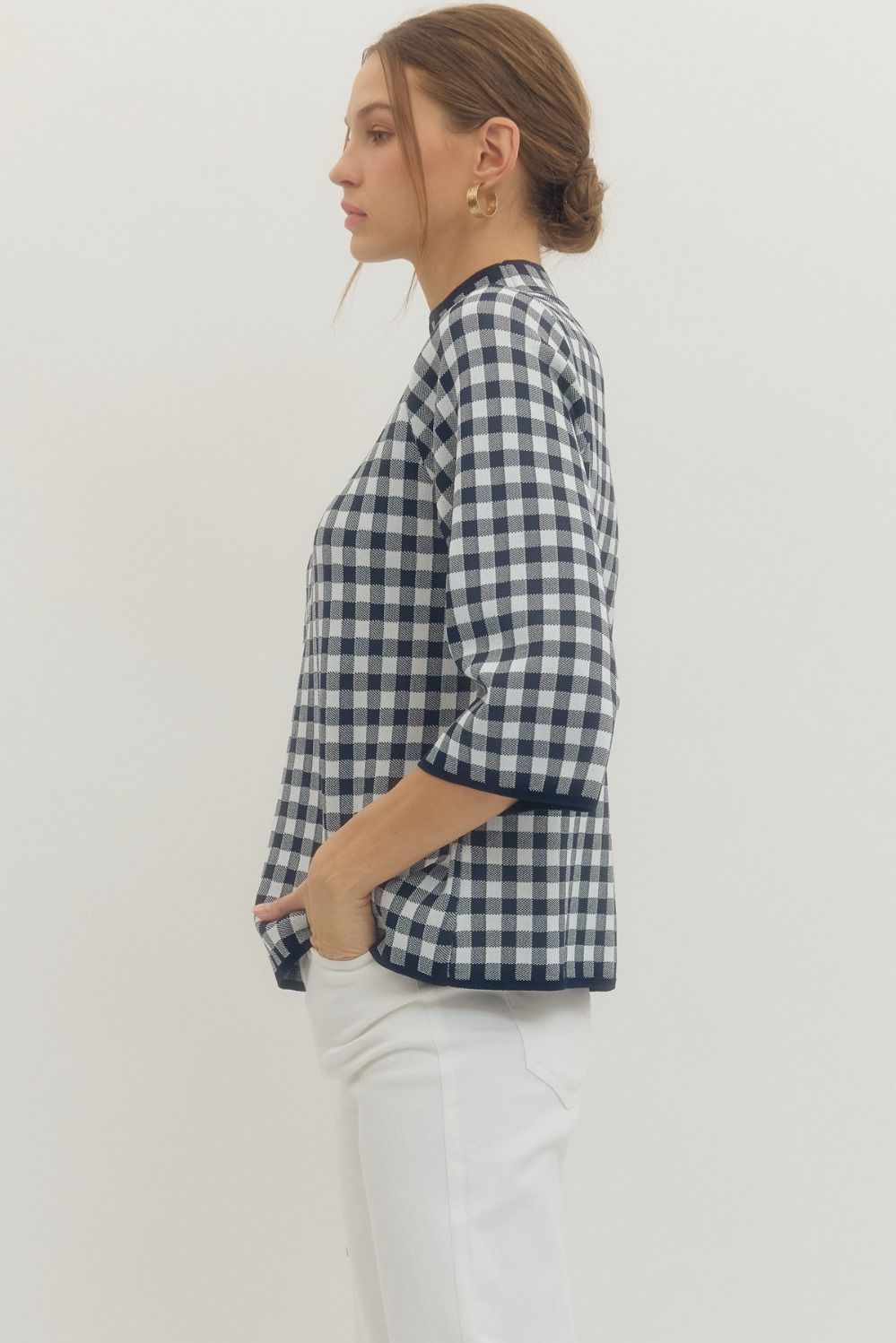 Navy Gingham Mock Neck Sweater