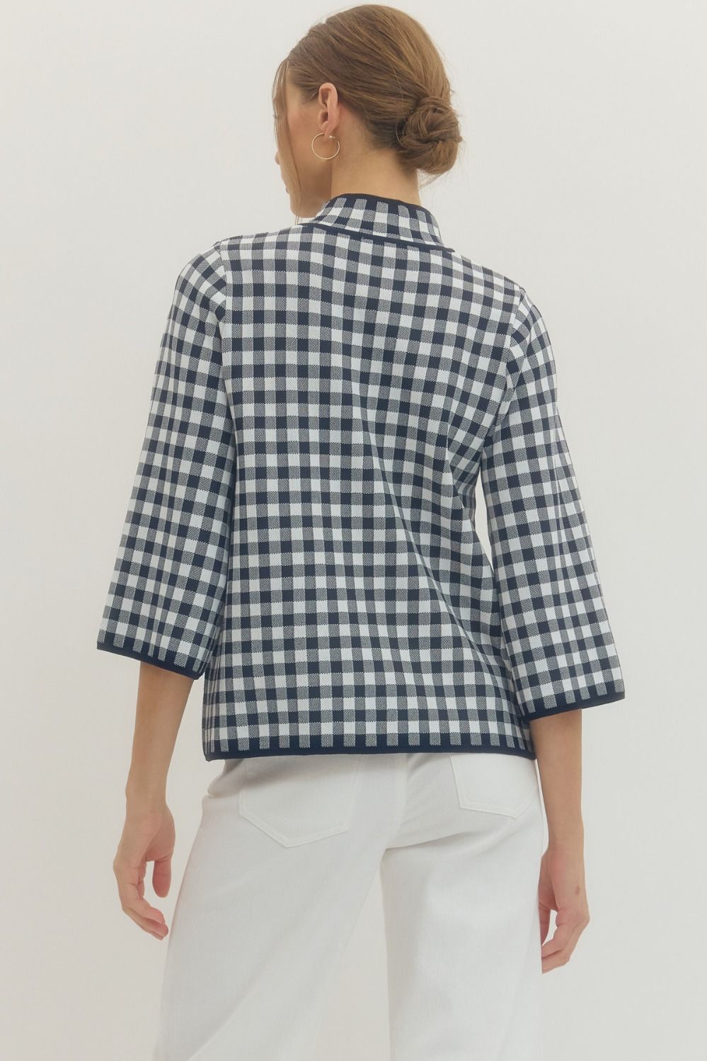 Navy Gingham Mock Neck Sweater