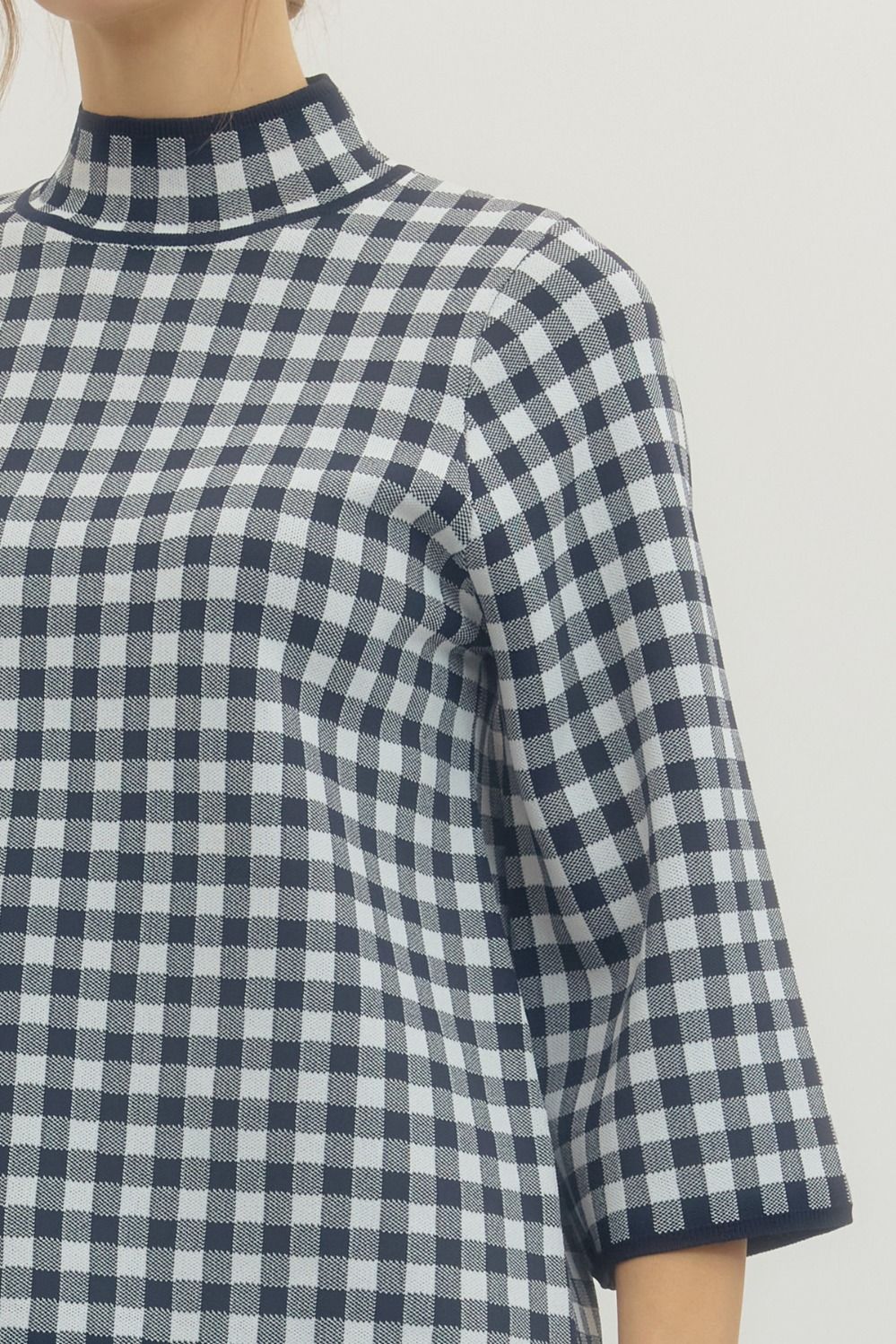 Navy Gingham Mock Neck Sweater
