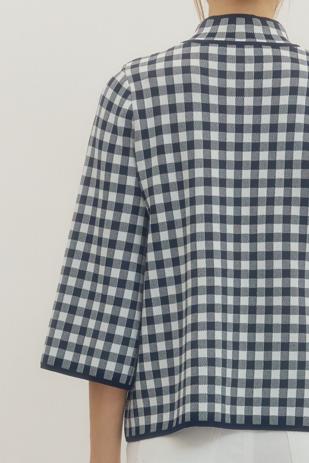 Navy Gingham Mock Neck Sweater