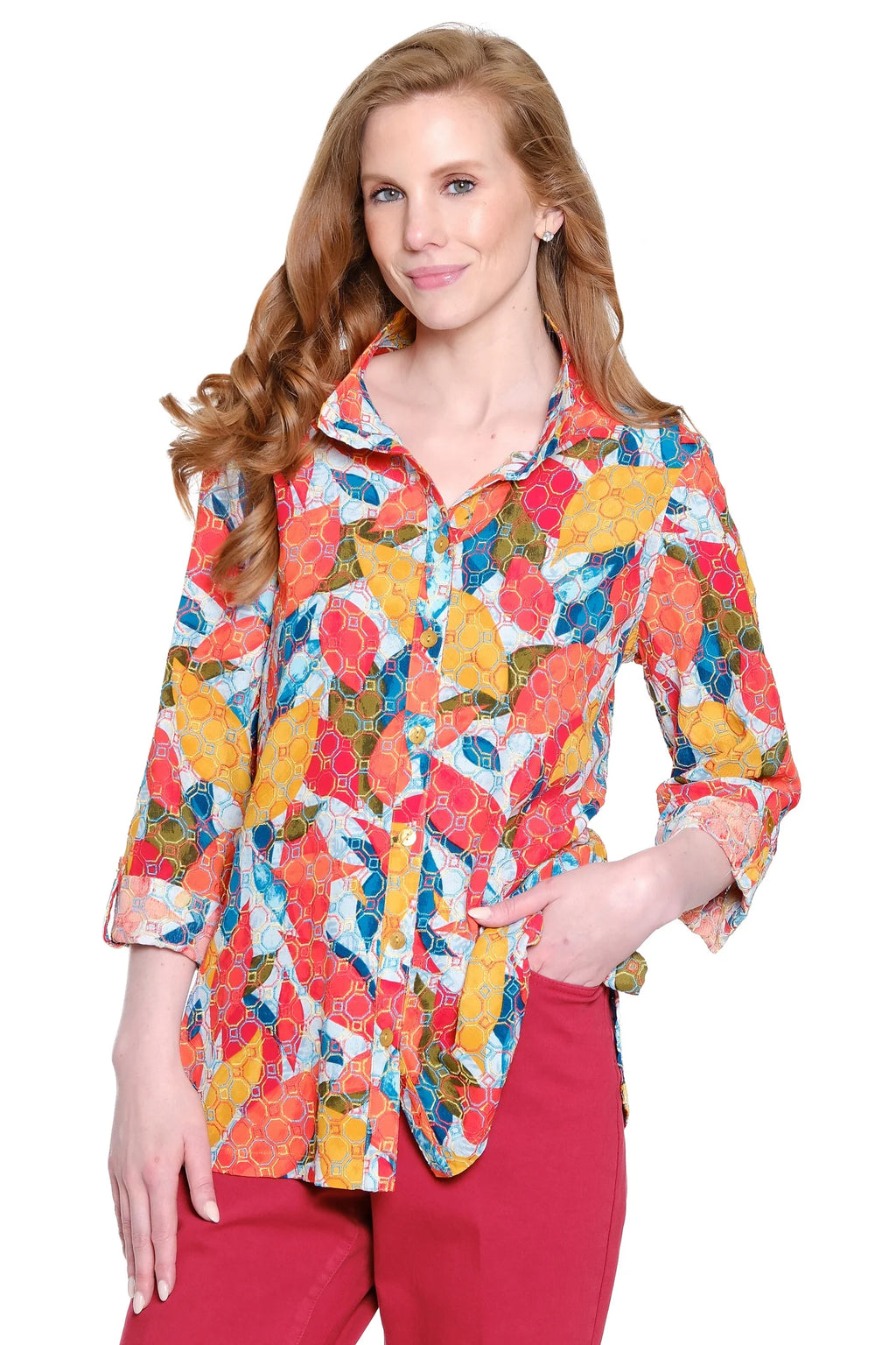 John Mark Colorful Embroidered Button Front Top